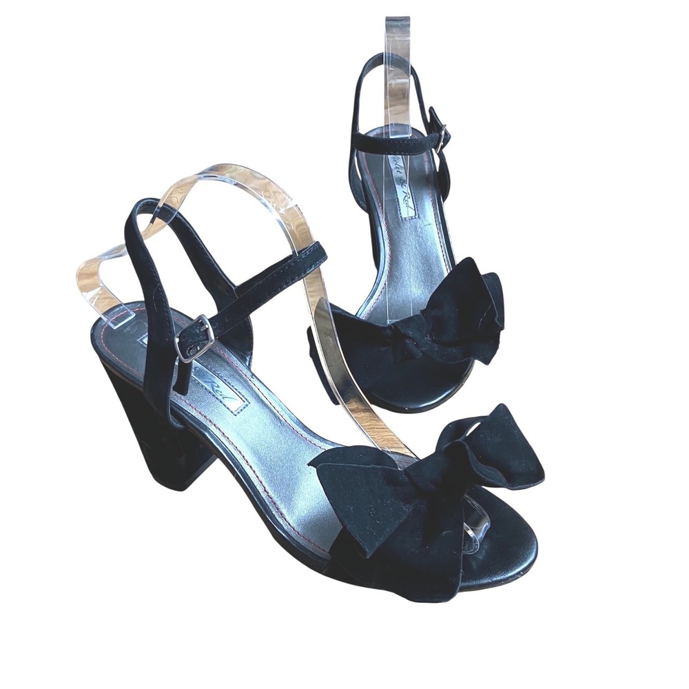 Violet & Red Lively Black Leather Bow Block Heel Sandals Ankle Strap Womens 8.5M